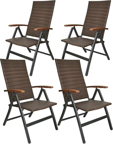 BRUBAKER 4er Set Polyrattan Gartenstuhl Modena - Braun Grau | Hochlehner aus Metall und Poly Rattan klappbar - 7-fach verstellbare Rückenlehne - wetterfester Faltstuhl / Klappstuhl