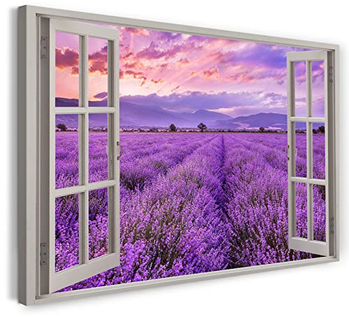 Printistico Bilder Fensterblick 80x60cm Baumwoll-Leinwand auf Keilrahmen mit Aufhänger moderner Kunstdruck XXL Wandbilder Wand-Dekoration Sonnenuntergang Blumen Feld Violet - Natur-Fotografie