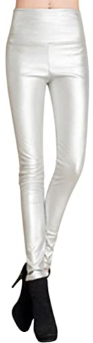 Onsoyours Femme PU Coated Pantalon en Similicuir Sexy Taille Haute Push Up Crayon Collants Treggings Basique Stretch Leggings Pants avec Doublure en Polaire Argenté XL