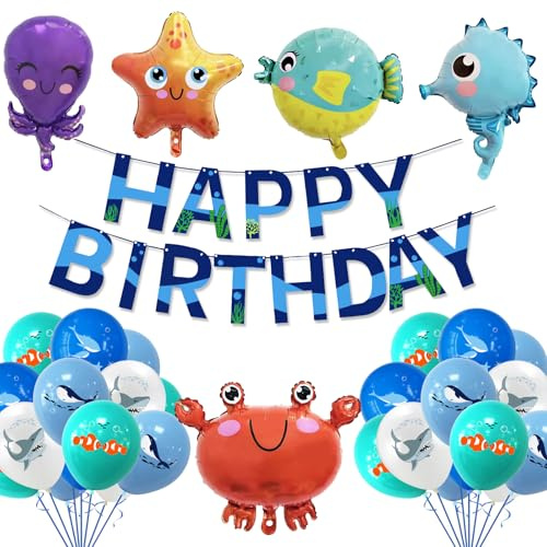 CIOUYAOS Kit decorazioni compleanno, blu palloncini tema mare 5pcs foil palloncini animali 1 Stendardo, addobbi per compleanno bambina Ragazzi (37pcs)