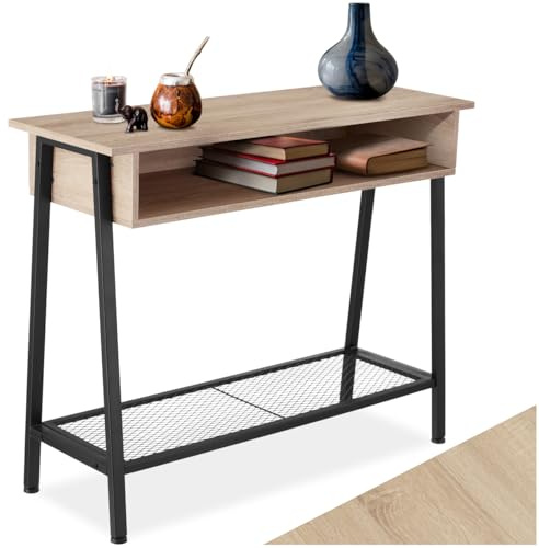 tectake Konsolentisch mit Staufach, Konsole, 100 x 35 x 80,5 cm, Holz Flurtisch Sideboard mit Gitterablage, Industrie-Design, schwarzes Metallgestell in Trapezform (Industrial Holz hell, Eiche Sonoma)