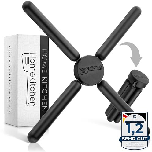 HomeKitchen® Topfuntersetzer hitzebeständig aus Silikon, Faltbarer Untersetzer für Töpfe und Pfannen, Silikon Untersetzer Topf klappbar in Schwarz + Leckere Gratis Rezepte