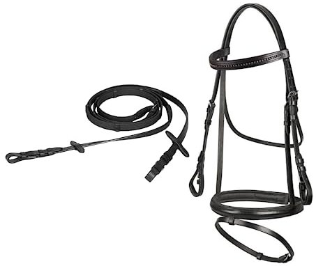 Start Diamond Trense Pferd Leder mit Zügel – Zaumzeug mit englisch kombiniertem Reithalfter – Trensenzaum für Pony, Vollblut & Warmblut (Cob, Schwarz)