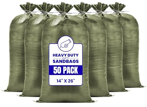 (Not Made in China) Heavy Duty Sand Bags for Flooding, Empty Sandbags with Tie Strings, UV Protection 1600 Hours, Flood Control,14in x 26in, Sandbag for Weight, 50lb Capacity, Green 50 Pack