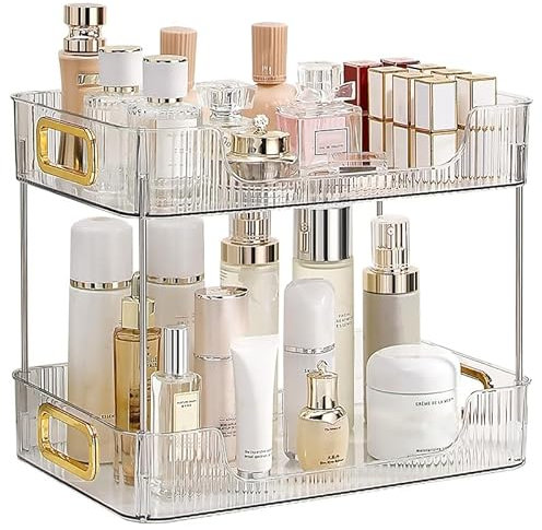 CESTATIVO Bathroom Counter Organiser, 2 Tier Vanity Tray, Cosmetic Makeup Storage Shelf, Bathroom Skincare Organiser Counter Shelf, Clear