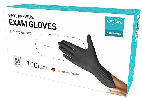 EUROPAPA® - Lot de 100 gants jetables en vinyle sans latex et non poudrés - Taille S, M, L et XL (Noir, M)