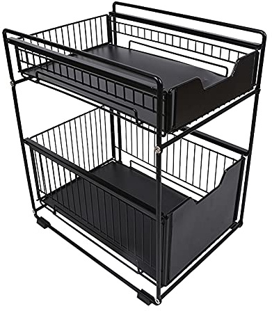 OHMG Tiroir de angement sous évier à 2 étages pour cuisine et salle bain, panier coulissant en métal,paniers coulissants amovibles avec revêtement,cuisine, garde-manger,Noir
