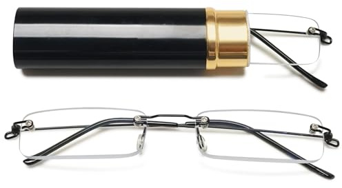 Lanomi Mini rahmenlose Lesebrille Blaulichtfilter Schmal Damen Herren Ultraleichte Rechteck Randlos Lesehilfe Klein Brille mit MetallEtui