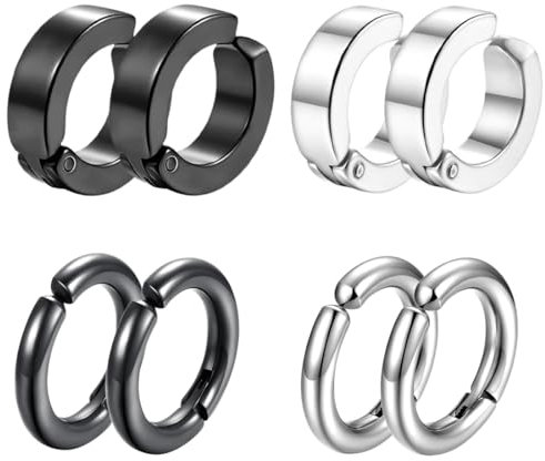 Edelstahl Ohrringe Set - Non Piercing Clip Ohrringe für Männer & Frauen, Schwarz & Silber, 2 Stile
