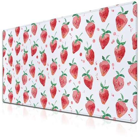 Samgula XXL Keyboard Pad Red Mouse Mat, Gaming Mouse Pads Big Mouse Pad, Modern Desk Pad Waterproof Non-Slip Rubber Base, 35.4 X 15.7 inch for Work/Game/Office/Home Summer Fruits Strawberry Leaves