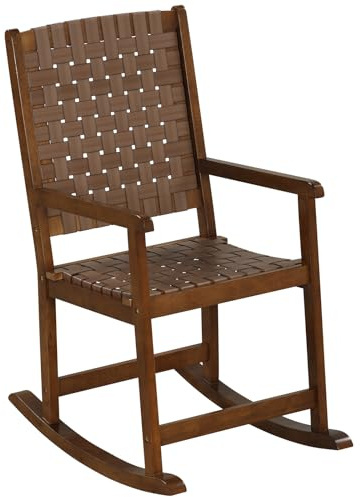 COSTWAY Schaukelstuhl Holz, Gartenstuhl mit Armlehne & PU-geflecht, Liegestuhl mit Gummibaumrahmen, Wippfunktion, Schaukelsessel für Garten, Rasen, Balkon, Outdoor (1)