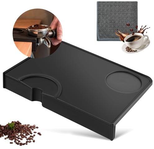 Tampermatte mit Kantenschutz, Tamper Matte Silikon, Espresso Tampermatte mit 1pc Barista Tuch, Kaffee Tamping Matte Anti-Rutsch, Ideales Siebträger Zubehör für Kitchen Bar Café, 15x21x3.4cm, Schwarz