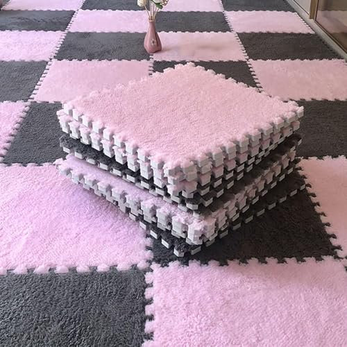 16 Stück 12x12 Zoll Ineinandergreifende Flauschige Teppichfliesen,Quadratische rutschfeste Schaumstoff-Spielbodenmatte,Weicher Waschbarer Plüsch-Puzzle-Teppich(Color:Grau+Rosa)