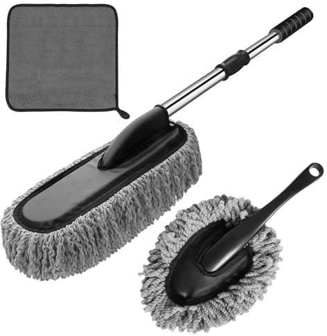 COFSODI Juego de cepillos de limpieza y polvo para coche, incluye plumero exterior extensible sin arañazos, cepillo de limpieza interior, toalla de microfibra para coche, plumero de limpieza lavable,