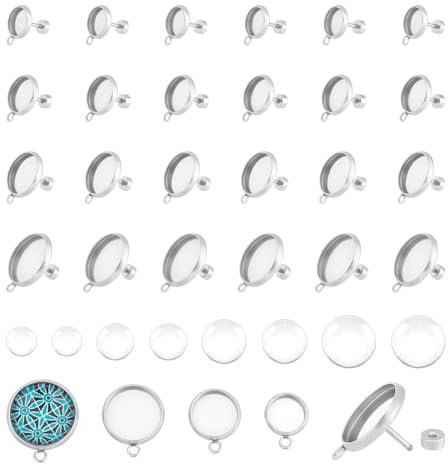 UNICRAFTALE 40 Set 4 Größen Cabochon Ohrringrohlinge Schlaufe Flache Runde Ohrstecker Lünetten Edelstahl Tablett Ohrsteckerfassungen Mit Ohrmuttern Und Glas Cabochon Basis Zur Schmuckherstellung