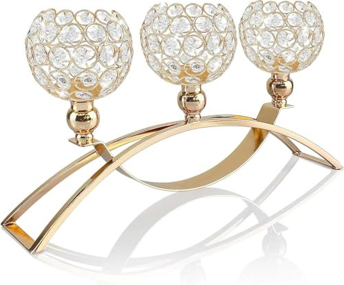 Goldener Kristall-Kerzenhalter, dekorativer Kandelaber, 3-armig, Teelichthalter für Esszimmer, dekorativer Tafelaufsatz, Hochzeit, Einweihung, Jahrestag