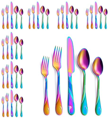 Seeshine Set de couverts arc-en-ciel pour 8 personnes, 40 pièces en acier inoxydable, comprenant fourchettes, couteaux et cuillères, lavable au lave-vaisselle