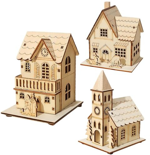 3Pcs LED Christmas Wooden House Ornaments - Brown Wooden Village House Luminous Christmas Scene Village For Table Window Bedroom Decoration