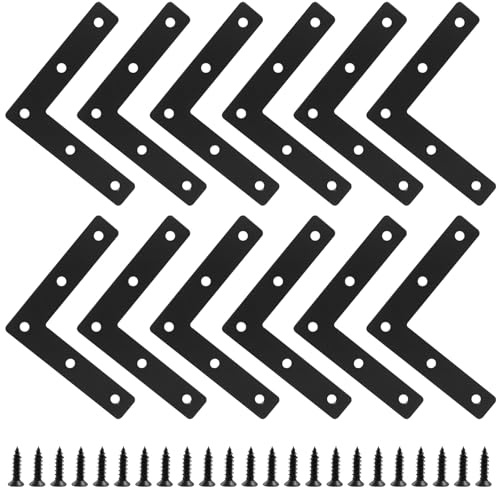 Bonsicoky 12 Pack L Shape Flat Bracket, 3.15 x 3.15 Stainless Steel Flat Corner Brackets, Corner Braces, Joining Plate, Repair Plate for Wood Furniture, Cabinet, Windows, Desks - Black