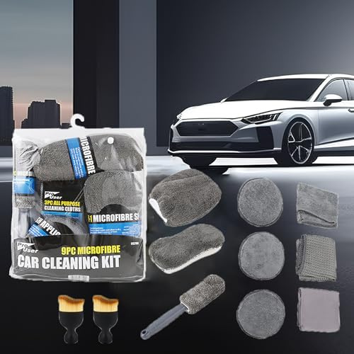 Kit Nettoyage Voiture, 11 Pièces Professionnels Nettoyage de Voiture avec Chiffon Microfibre et Éponge, Serviettes et Serviettes en Verre, Gant, Brosse de Roue, Pinceau Detailing et Kit polissage Voit