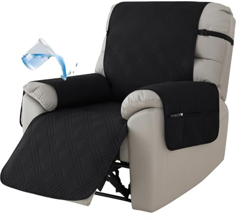 Armchair Covers,Recliner Sofa Covers,Recliner Chair Cover with 6 Side Pockets,1 Seat Waterproof Sofa Cover with Elastic Straps,Settee Covers Slipcover for Kids,Pet dog,Furniture Protector (Black)