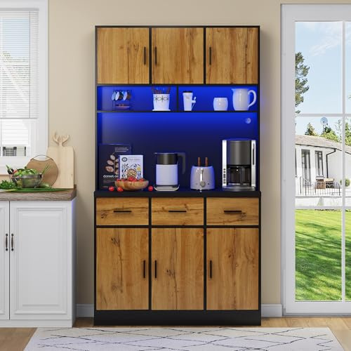 LAKFEW LED-Hochschrank, Ablageschrank, Multifunktionaler Buffetschrank mit 3 Ablageschubladen und 6 Türen, Küchenschrank mit USB-Ladeanschluss, Aufbewahrungsschrank, Wohnzimmerschrank, Natur