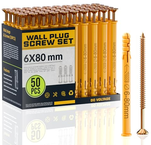DC VOLTAGE 50 Pcs Wall Plugs and Screws Set 6mm x 80mm Concrete Fixings Screws and Wall Expansion Anchors Plugs Kit Wall Hanging Mounting TV Mount Drywall Self Tapping Screw Wall Plug