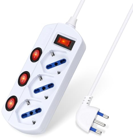 Aigostar Regleta de 3 enchufes con interruptores independientes, toma P40 de 16 A, 250 V máx. 2300 W con protección contra sobrecarga, cable de 1,5 m, color blanco