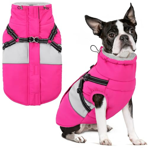 AOFITEE Hundemantel für Kleine Hunde, Wasserdicht Warme Hundejacke mit Geschirr, Winddicht Hunde Wintermäntel mit Reißverschluss & Fleecefutter, Reflektierend Welpen Winterweste,Rosa XS
