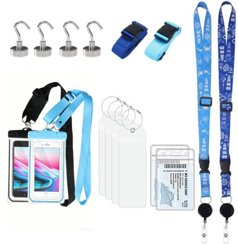 VIQWYIC 16-teiliges Kreuzfahrt Essential Set: Einziehbare Lanyards für Schiffskarte, Wasserdichte Handytasche, Magnet-Haken, Gepäckanhänger & Gepäckgurte – Must-Haves für Ihre Kreuzfahrt