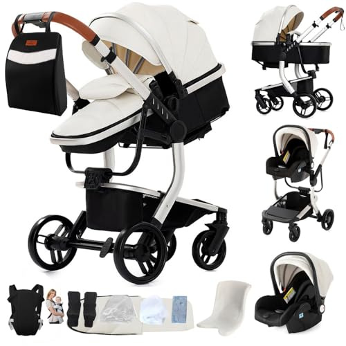 3 in 1 Kinderwagen Weiß, höhenverstellbar, Hochsicht | Praktisches Komplettset mit Muttertasche und Babytrage.platzsparend faltbar für komfortable Ausflüge.