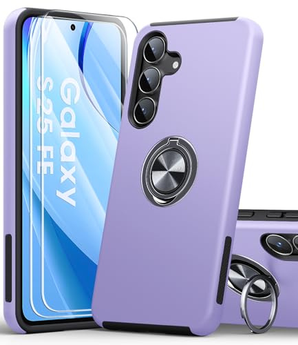 AOUIA for Samsung Galaxy S25 FE Case with 2-Pack Screen Protector, 3-in-1 Set Cover, 360°Rotating Ring Stand, Military Protection, Shockproof Phone Case for Samsung S25 FE, Purple