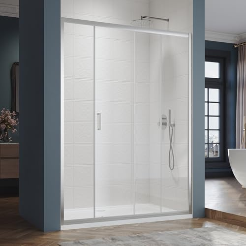SIRHONA Cabine de douche Coulissante 140 x 185 cm Paroi de douche Transparent coulissante verre sécurit 5mm, Facile à nettoyer, blanc argenté