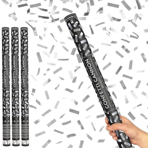 Silver Metallic Extra Large Confetti Cannon 80cm – Pack of 3 – Air Powered Party Confetti Shooter Popper for Weddings, Birthdays, New Year, Celebrations & Events