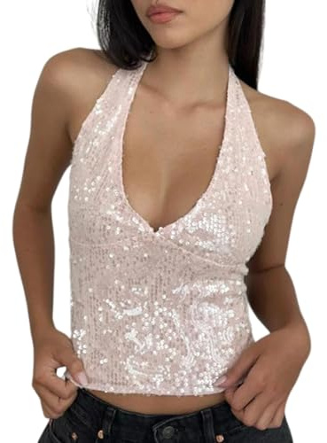 Damen Y2k Pailletten Neckholder Tank Tops Sommer Sparkly Einfarbig Ärmellos Tiefer V-Ausschnitt Slim Fit Rückenfrei Crop Weste Clubwear, Rosa a, M