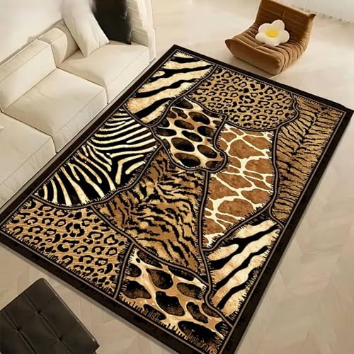 SOJAWA Multi-Patterned Zoned Rug 120x150cm Multi-Animal Print Patchwork Rugs, Vintage Dark Color, Non-Slip, Machine Washable, Soft Flannel Material, Suitable for Bedrooms, Entryways, Home Decor