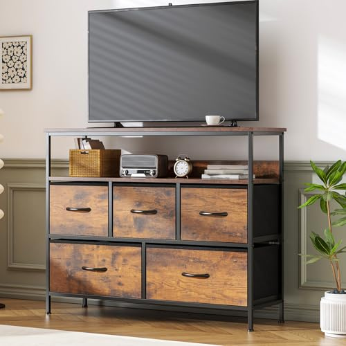 GoaHi 5 Drawer Chest of Drawers with Storage Shelf, Industrial Steel Frame & MDF Top, Fabric Drawer Storage Unit for Bedroom, Living Room, Hallway or TV Unit,Rustic Brown