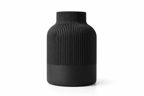 NOVA Deko Vase Modern Geriffelt – Minimalistische Blumenvase für Wohnzimmer, Tisch & Regal – Skandinavische Design Vase – 3D Druck Dekoration (Schwarz, 20 cm)
