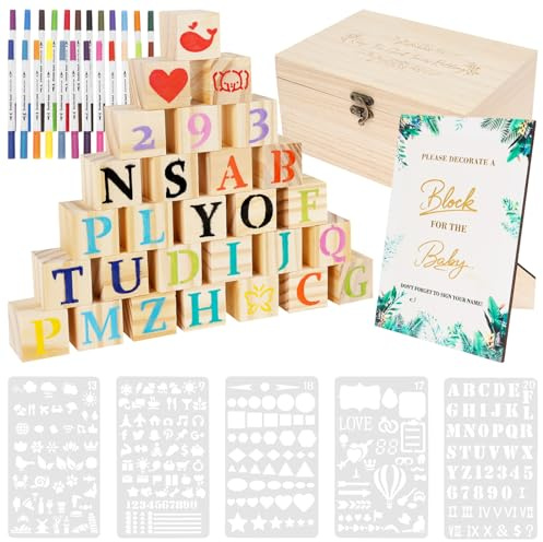 Babyparty Spiele Bausatz Malen mit Bauklötzen Dekoration | Gender Reveal Deko Alternative 56 Holzklötze 24 Acrylstiften Schild Holzbox 5 Motiv-Schablonen (Tiere/Symbole/ABC)