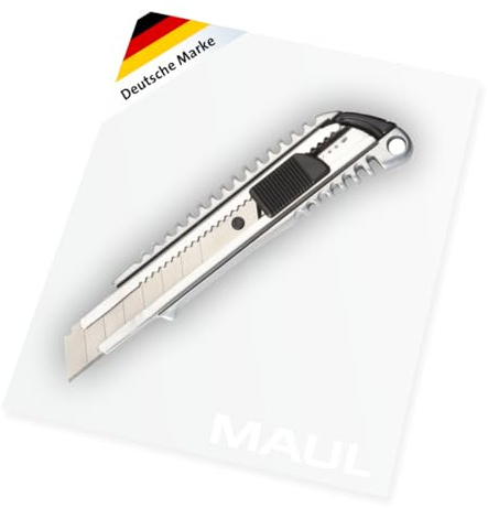 MAUL Cuttermesser 18 mm silberner Metallgriff präziser Zuschnitt | stabiler Halt im Alltag, scharfe Wechselklinge, Rasterautomatik für Kontrolle, Aufhängeöse griffbereit