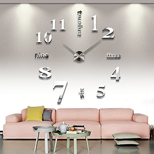 FlyRay Moderno fai da te grande parete 3D Sticker orologio per Arredo Casa Ufficio Argento