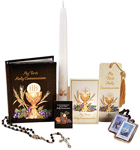 My First Holy Communion Gift Set Bread of Life Deluxe Boxed Gift Set for Boys, Scapular, Rosary, Lapel Pin, Bookmark, Candle and Book, 7 Pieces