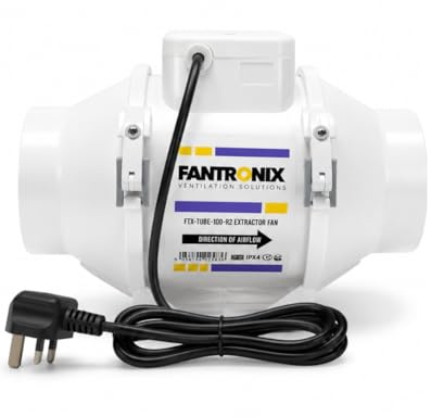 Fantronix 100 mm (4 Inch) Inline Extractor Fan with UK Plug | Suitable For Bathrooms, Grow Rooms And General Ducted Ventilation; Energy Class E.