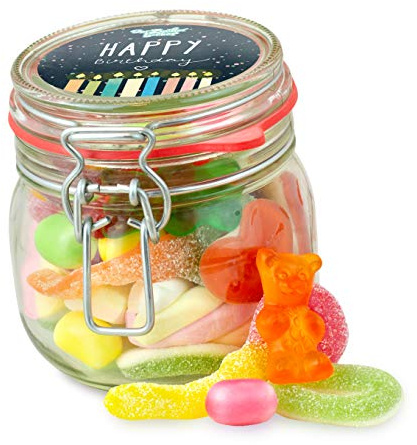 Der Zuckerbäcker Kleines Happy Birthday Glas - Süßigkeiten-Mix mit sauren Gummibärchen & Fruchtgummi - Geschenke für Frauen - Alles Gute zum Geburtstag Geschenk - Süße Kleinigkeit für Freundin