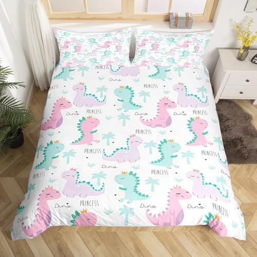 Dinosaur Bedding Set For Girls Twin Size Kids Cute Pink Purple Dinos Duvet Cover Cartoon Kawaii Dinosaurs Comforter Cover Jungle Ancient Animals Pine Tree Quilt Cover Child Room Decor 1 Pillow Case