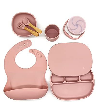 Set de alimentación para bebés | Juego de alimentar para niños pequeños | Plato, taza, taza, cuchara, tenedor, taza de merienda, tapa, silicona y materiales de madera | para bebés, niños y niñas