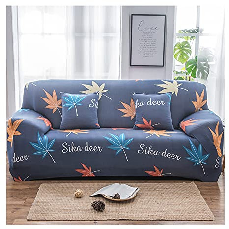 AMDXD Sofa Überwürfe 4 Sitzer, Sika Hirsch Ahornblatt Sofa Stretchhusse für Wohnzimmer, in Polyester, Anti-Rutsch, Elastischer, Marineblau Orange Gelb, Stil 8