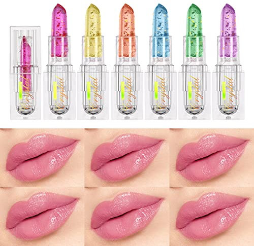 Ofanyia Packung mit 6 Kristall-Gelee-Lippenstift, Temperatur-Farbwechsel-Lippenstift, langanhaltender, nahrhafter feuchtigkeitsspendender Lippenbalsam