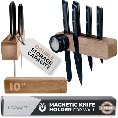Premium Magnetischer Messerhalter für die Wand, 25,4 cm, mit 2 Aufbewahrungsfächern und charmantem Holz – Messer-Magnetstreifen, Unterschrank-Magnet-Messer-Aufbewahrung – Magnetstreifenregal