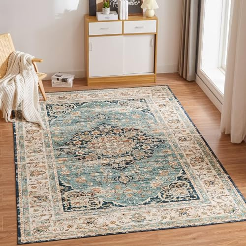 CHOSHOME Teppich Kurzflor Weich rutschfest - Boho Teppiche Wohnzimmer | Fußbodenheizung Geeignet, Maschinenwaschbar Teppich Für Esszimmer Schlafzimmer Büro, 120x170CM Carpet, Vintage Blau